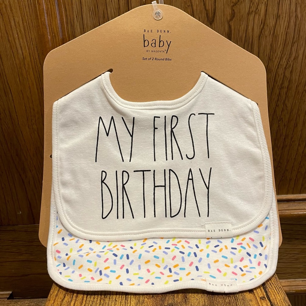 Rae Dunn Set of 2 Round Bibs MY FIRST BIRTHDAY & Sprinkles Pattern SO CUTE!!